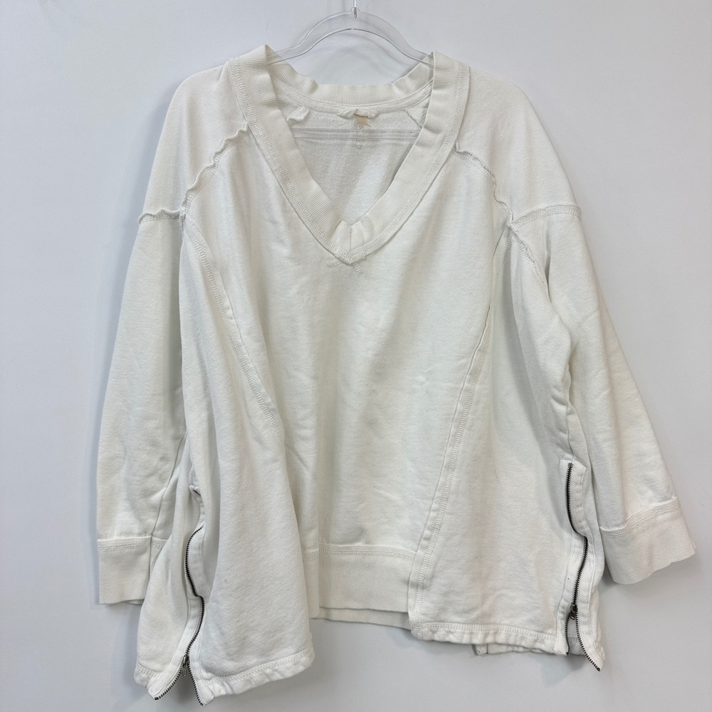 Free People On the Rise Pullover Women Small? White Oversized V-Neck Side Zip - Picture 9 of 12